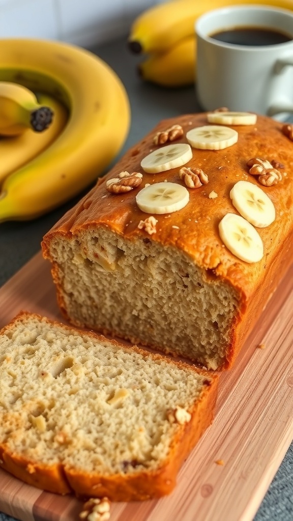 Gluten-Free Banana Bread Recipe Sliced gluten-free banana bread with walnuts on a wooden board, surrounded by ripe bananas and coffee.